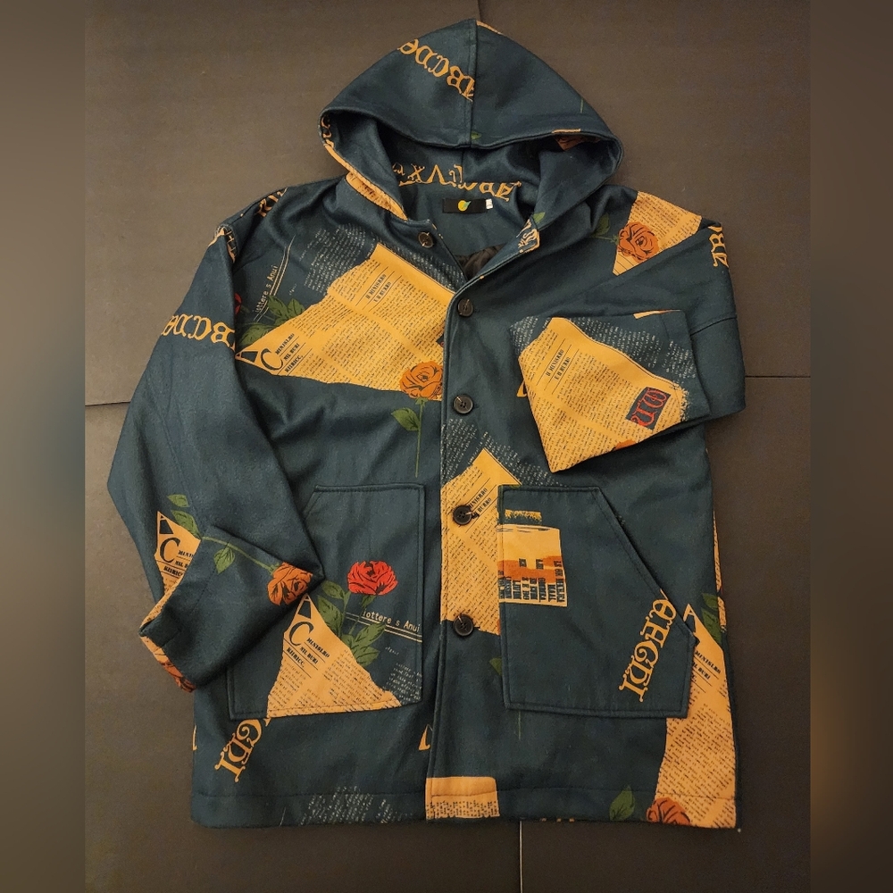 Men's LG Light Wt.Hooded Jacket, Newspaper Art Print, Button Up,Reference Unisex